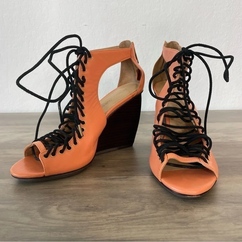 Rebecca Minkoff Peach Leather Cutout Lace Up Wedge Heels - Picture 1 of 12